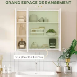 Armoire miroir salle de bain 3 portes 4 étagères aspect bois clair blanc