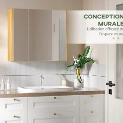 Armoire miroir salle de bain 3 portes 4 étagères aspect bois clair blanc