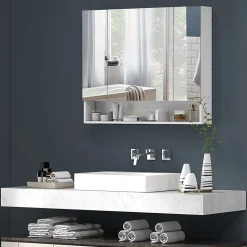Armoire miroir salle de bain 3 portes 5 étagères, niche - 90 x 15 x 75 cm - blanc