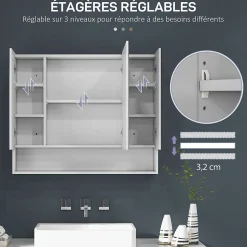Armoire miroir salle de bain 3 portes 5 étagères, niche - 90 x 15 x 75 cm - blanc
