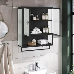 Armoire Murale 2 Portes avec Porte-Serviettes et Étagère Ouverte, Meuble en Verre et Métal pour Salle de Bain - 60x23x78 cm - Noir