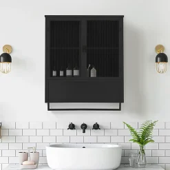 Armoire Murale 2 Portes avec Porte-Serviettes et Étagère Ouverte, Meuble en Verre et Métal pour Salle de Bain - 60x23x78 cm - Noir
