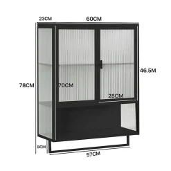 Armoire Murale 2 Portes avec Porte-Serviettes et Étagère Ouverte, Meuble en Verre et Métal pour Salle de Bain - 60x23x78 cm - Noir