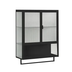 Armoire Murale 2 Portes avec Porte-Serviettes et Étagère Ouverte, Meuble en Verre et Métal pour Salle de Bain - 60x23x78 cm - Noir