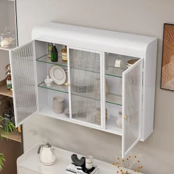 Armoire Murale 3 Portes en Verre et Métal - Meuble de Rangement Suspendu pour Cuisine et Salon, 90x16x70 cm, Blanc