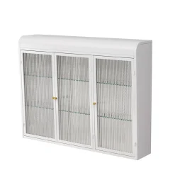 Armoire Murale 3 Portes en Verre et Métal - Meuble de Rangement Suspendu pour Cuisine et Salon, 90x16x70 cm, Blanc