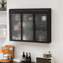 Armoire Murale 3 Portes Salle de Bain design Moderne avec Cadre Métal Noir et Verre, Meuble de Rangement, Noir