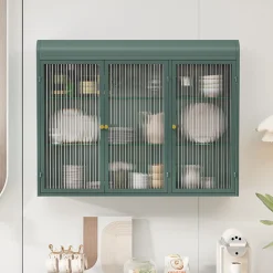 Armoire Murale 3 Portes Salle de Bain design Moderne avec Cadre Métal Vert et Verre, Meuble de Rangement, Vert foncé