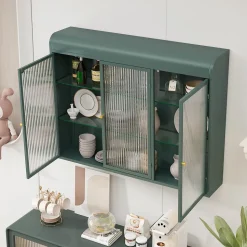 Armoire Murale 3 Portes Salle de Bain design Moderne avec Cadre Métal Vert et Verre, Meuble de Rangement, Vert foncé