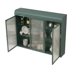 Armoire Murale 3 Portes Salle de Bain design Moderne avec Cadre Métal Vert et Verre, Meuble de Rangement, Vert foncé