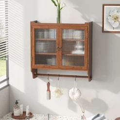 Armoire Murale avec Portes Vitrées et Porte-Serviettes, Meuble Mural Vintage en Bois Massif avec 3 Étagères - 63x18x60 cm - Brun