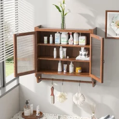 Armoire Murale avec Portes Vitrées et Porte-Serviettes, Meuble Mural Vintage en Bois Massif avec 3 Étagères - 63x18x60 cm - Brun