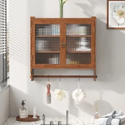 Armoire Murale avec Portes Vitrées et Porte-Serviettes, Meuble Mural Vintage en Bois Massif avec 3 Étagères - 63x18x60 cm - Brun