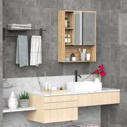 Armoire murale de rangement salle de bain avec porte miroir couleur bois de chêne dim. 60L x 15l x H76 cm