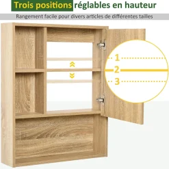 Armoire murale de rangement salle de bain avec porte miroir couleur bois de chêne dim. 60L x 15l x H76 cm