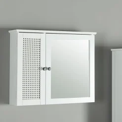 Armoire murale de salle de bain Karlsoey avec miroir MDF PVC effet rotin 50 x 60 x 15 cm blanc en.casa
