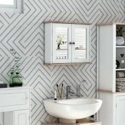 Armoire murale de salle de bain avec étagère réglable et 2 portes avec miroir en MDF - dim. 56I x 14P x 46H cm