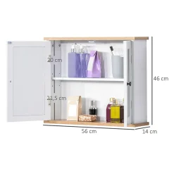 Armoire murale de salle de bain avec étagère réglable et 2 portes avec miroir en MDF - dim. 56I x 14P x 46H cm