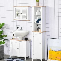 Armoire murale de salle de bain avec étagère réglable et 2 portes avec miroir en MDF - dim. 56I x 14P x 46H cm