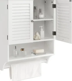 Armoire Murale de Salle de Bain avec Portes à Persiennes Porte Serviettes Armoire à Pharmacie avec étagère Réglable Blanc