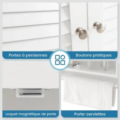 Armoire Murale de Salle de Bain avec Portes à Persiennes Porte Serviettes Armoire à Pharmacie avec étagère Réglable Blanc