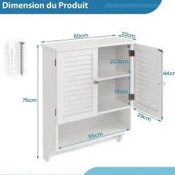 Armoire Murale de Salle de Bain avec Portes à Persiennes Porte Serviettes Armoire à Pharmacie avec étagère Réglable Blanc