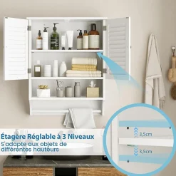 Armoire Murale de Salle de Bain avec Portes à Persiennes Porte Serviettes Armoire à Pharmacie avec étagère Réglable Blanc