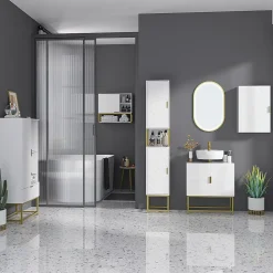 Armoire murale de salle de bain - porte, 2 étagères, 2 niches - acier doré MDF blanc