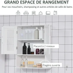 Armoire murale de salle de bain 2 portes - étagère, niche - dim. 60 x 20 x 70 cm - blanc