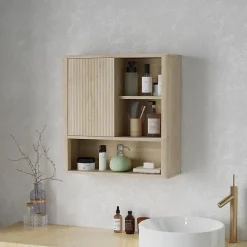 Armoire murale de salle de bain style bohème chic - porte coulissante, étagère, niche - effet bois clair
