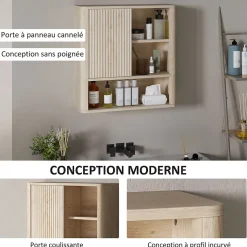 Armoire murale de salle de bain style bohème chic - porte coulissante, étagère, niche - effet bois clair