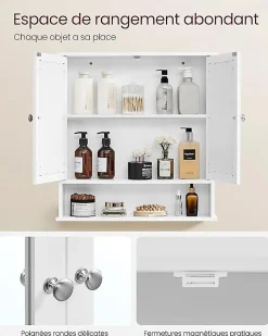 Armoire Murale, Meuble Salle de Bain, Placard de Rangement, Armoire Suspendue, 2 Portes-miroir et Compartiment Ouvert