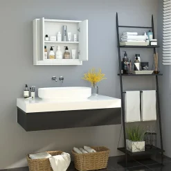 Armoire murale miroir salle de bain 2 étagères dim. 48L x 14l x 45H cm panneaux particules MDF blanc
