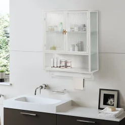 Armoire Murale Moderne avec Portes Vitrées et Porte-Serviettes, Meuble Mural avec Étagères - 60x23x78 cm - Blanc, Verre+Métal