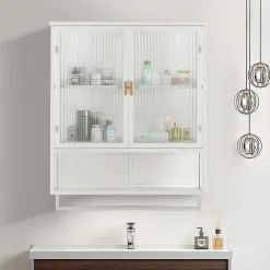 Armoire Murale Moderne avec Portes Vitrées et Porte-Serviettes, Meuble Mural avec Étagères - 60x23x78 cm - Blanc, Verre+Métal
