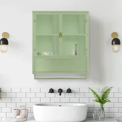 Armoire Murale Moderne avec Portes Vitrées et Porte-Serviettes, Meuble Mural avec Étagères - 60x23x78 cm - Vert, Verre+Métal