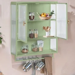 Armoire Murale Moderne avec Portes Vitrées et Porte-Serviettes, Meuble Mural avec Étagères - 60x23x78 cm - Vert, Verre+Métal