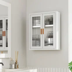 Armoire murale métal salle de bain étagère 2 portes acrylique cannelé 40 x 14 x 50 cm blanc doré