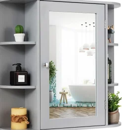 Armoire Murale pour Salle de Bain 10 Etageres avec Miroir Plusieurs Tablettes de Differentes Tailles 65 x 17 x 63CM Gris