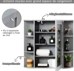 Armoire Murale pour Salle de Bain 10 Etageres avec Miroir Plusieurs Tablettes de Differentes Tailles 65 x 17 x 63CM Gris