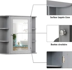 Armoire Murale pour Salle de Bain 10 Etageres avec Miroir Plusieurs Tablettes de Differentes Tailles 65 x 17 x 63CM Gris