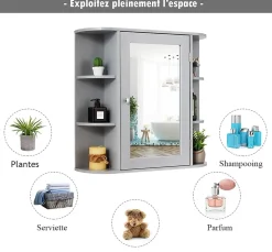 Armoire Murale pour Salle de Bain 10 Etageres avec Miroir Plusieurs Tablettes de Differentes Tailles 65 x 17 x 63CM Gris