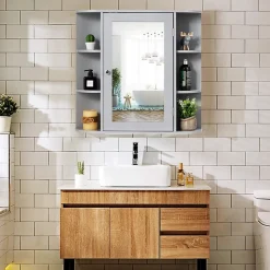 Armoire Murale pour Salle de Bain 10 Etageres avec Miroir Plusieurs Tablettes de Differentes Tailles 65 x 17 x 63CM Gris