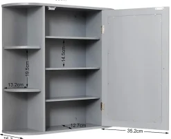 Armoire Murale pour Salle de Bain 10 Etageres avec Miroir Plusieurs Tablettes de Differentes Tailles 65 x 17 x 63CM Gris