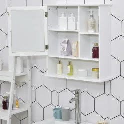 Armoire murale salle de bain armoire à glace placard de rangement toilettes 1 porte niche + étagères latérales MDF blanc