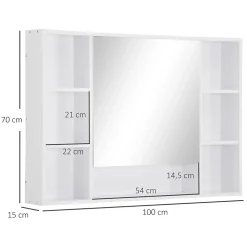 Armoire murale salle de bain avec miroir - 7 niches, étagère - 100 x 15 x 70 cm - MDF blanc