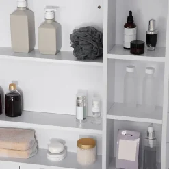 Armoire murale salle de bain avec miroir - 7 niches, étagère - 100 x 15 x 70 cm - MDF blanc