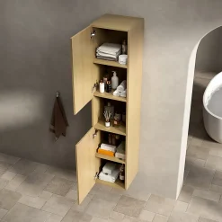 Armoire murale salle de bain 160 cm, meuble étroit avec 2 portes et 1 compartiment ouvert, finition bois Corolla