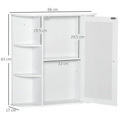 Armoire murale salle de bain blanche avec miroir, 8 compartiments, meuble suspendu multifonction, 66 x 17 x 63 cm