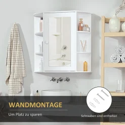 Armoire murale salle de bain blanche avec miroir, 8 compartiments, meuble suspendu multifonction, 66 x 17 x 63 cm